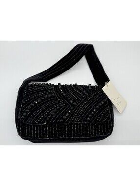 A New Day Shoulder Bag Womens Small Black Velvet Beaded Purse Handbag